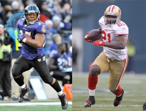#27 Ray Rice and #21 Frank Gore had fairly even numbers going into this year's post-season. Photo: mademen.com 