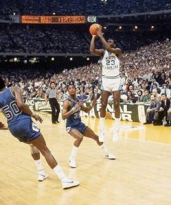 Here Michael Jordan takes and makes the game winning shot in the NCAA Finals vs Georgetown.